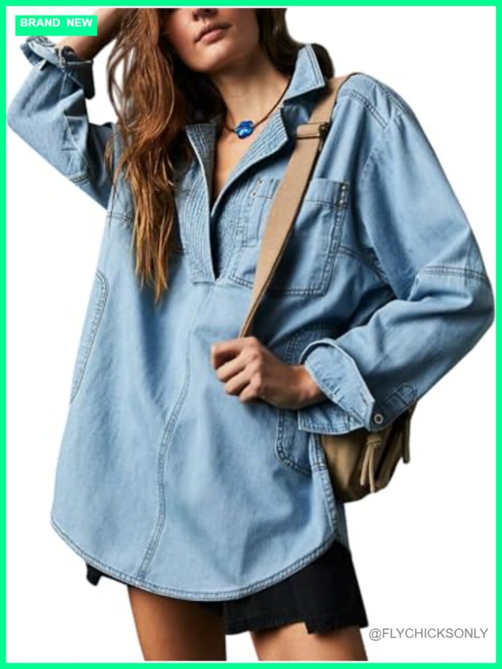 Womens Denim Pullover Top Loose Fit Long Sleeve V Neck Jean Jacket Casual